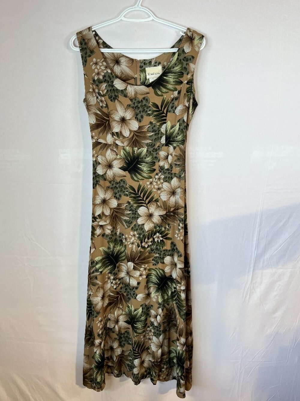 Y2K Tropical Floral Maxi by Tradition – 8P Vintage 90s Tan Botanical